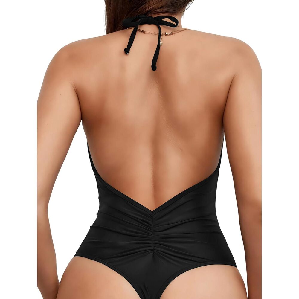 8256 ' s One Piece Sexy Swimsuits Halter Tie Back V Neck Low Back Bathing